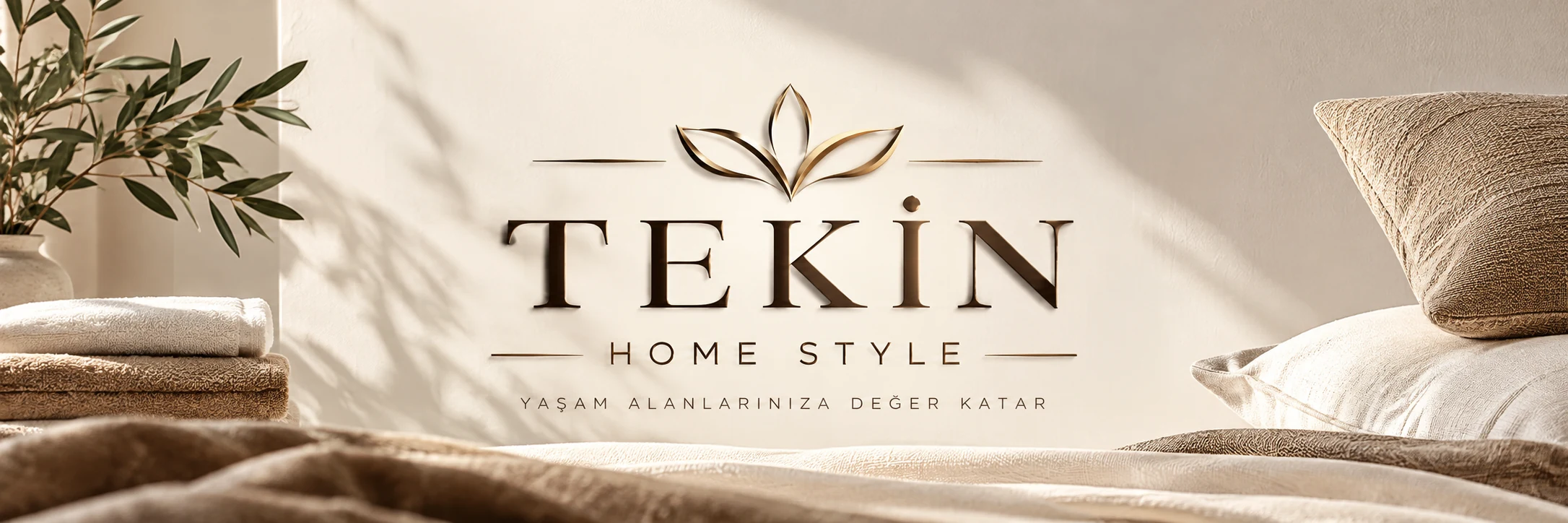 Tekin Home Style bronz logolu, krem ve bej ev tekstili marka sunumu